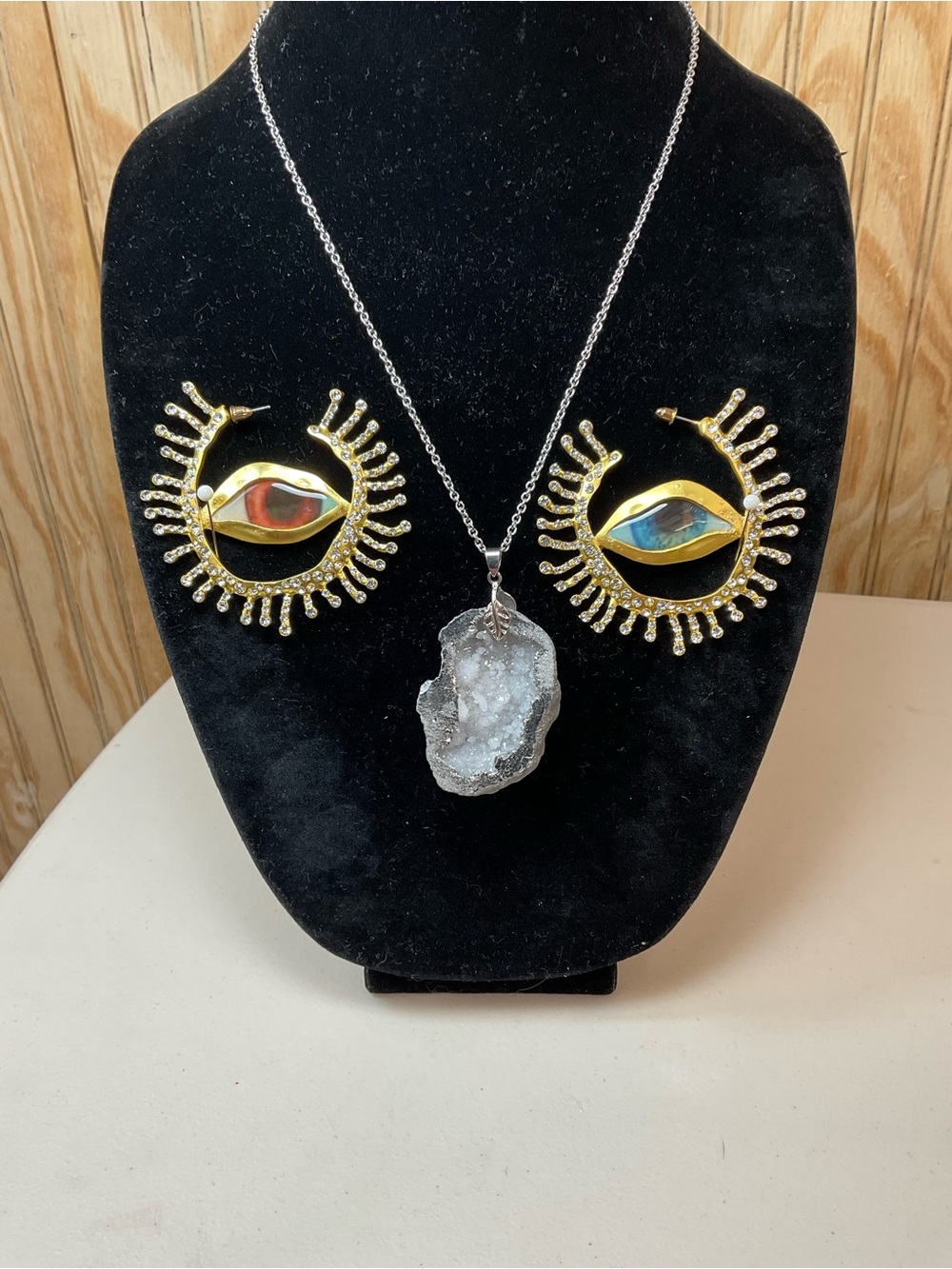 Gold Tone Eye Earrings with Iridescent Center and Silver Druzy Pendant Necklace
